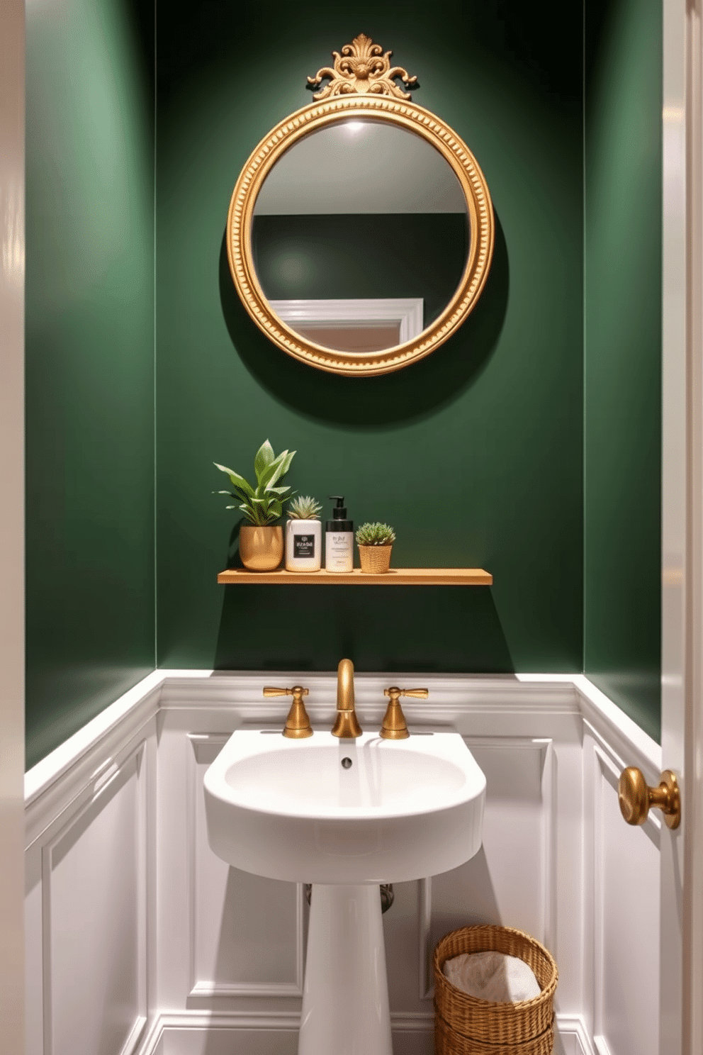 Deep green walls with white wainscoting create a striking contrast that exudes elegance in a powder room. The space features a sleek white pedestal sink complemented by a vintage-style gold faucet, enhancing the luxurious feel. A round mirror with a decorative gold frame hangs above the sink, reflecting the rich color of the walls. To add warmth, a small wooden shelf is mounted on the wall, adorned with potted plants and stylish toiletries.