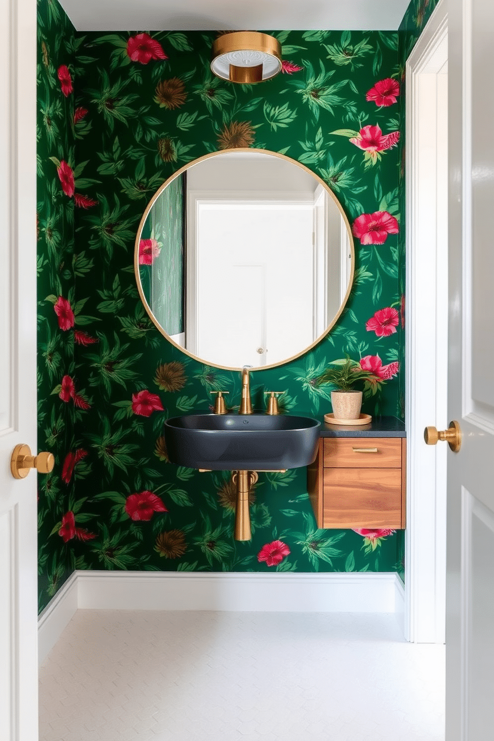 Emerald green wallpaper adorned with vibrant botanical prints creates a lush and inviting atmosphere in the powder room. The space features a sleek, modern sink with a brushed gold faucet, complemented by a minimalist wooden vanity that offers both style and storage. A large round mirror with a gold frame reflects the beauty of the wallpaper, enhancing the room's depth. The floor is covered in white hexagonal tiles, adding a touch of elegance, while a small potted plant sits on the vanity, bringing a natural element into the design.