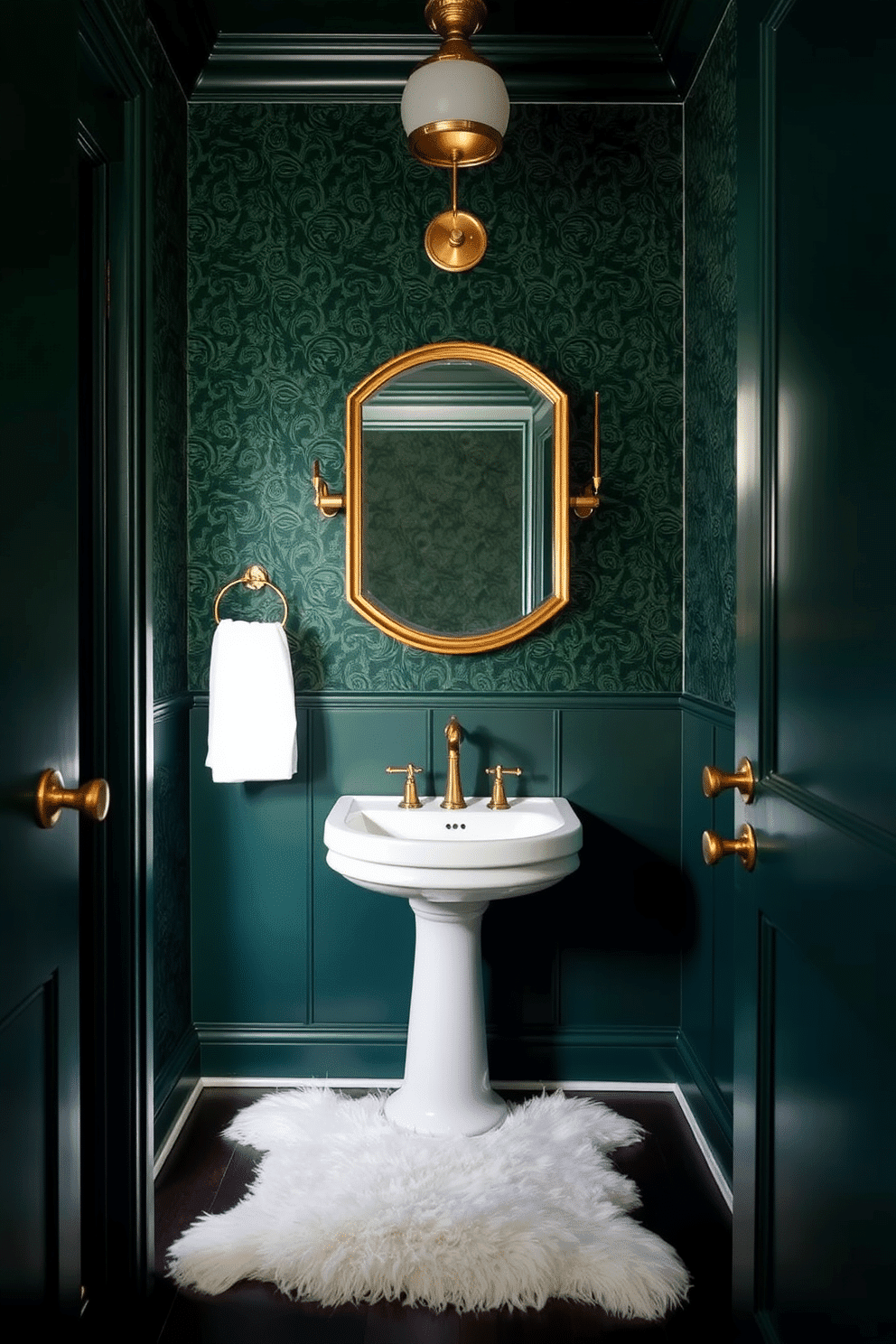 A stylish powder room featuring deep forest green walls adorned with elegant brass hardware. The space includes a chic pedestal sink, complemented by a vintage-style mirror with a brass frame, creating a warm and inviting atmosphere. Richly textured wallpaper adds depth to the design, while a small brass light fixture illuminates the room. A plush, white rug sits beneath the sink, providing a soft contrast to the dark color scheme.