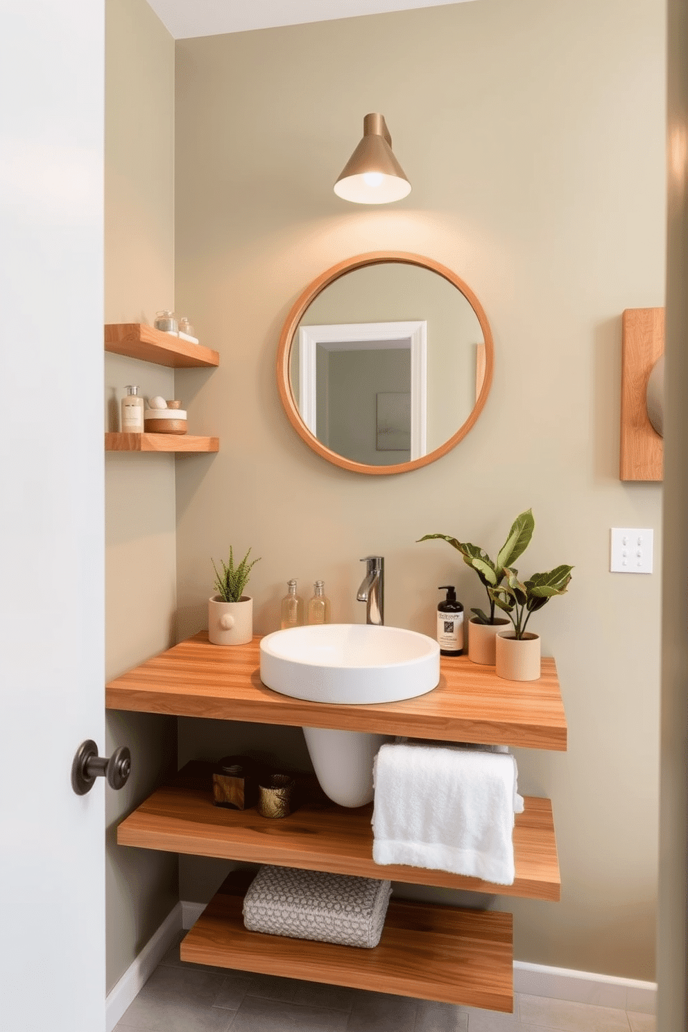 Light olive walls create a serene backdrop for a stylish powder room. Natural wood accents, including a floating vanity and shelving, add warmth and texture to the space. A round mirror with a minimalist wooden frame hangs above the vanity, reflecting the soft lighting. Decorative elements like potted plants and artisanal soap dispensers enhance the inviting atmosphere.