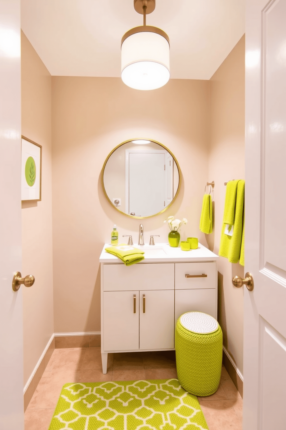 A stylish powder room featuring neutral decor with bright lime accents that create a vibrant contrast. The walls are painted in a soft beige, complemented by a sleek white vanity with a round mirror framed in brushed gold. Bright lime green accessories, such as a geometric-patterned rug and decorative towels, add a pop of color. The lighting is soft and inviting, with a modern pendant fixture hanging above for a touch of elegance.