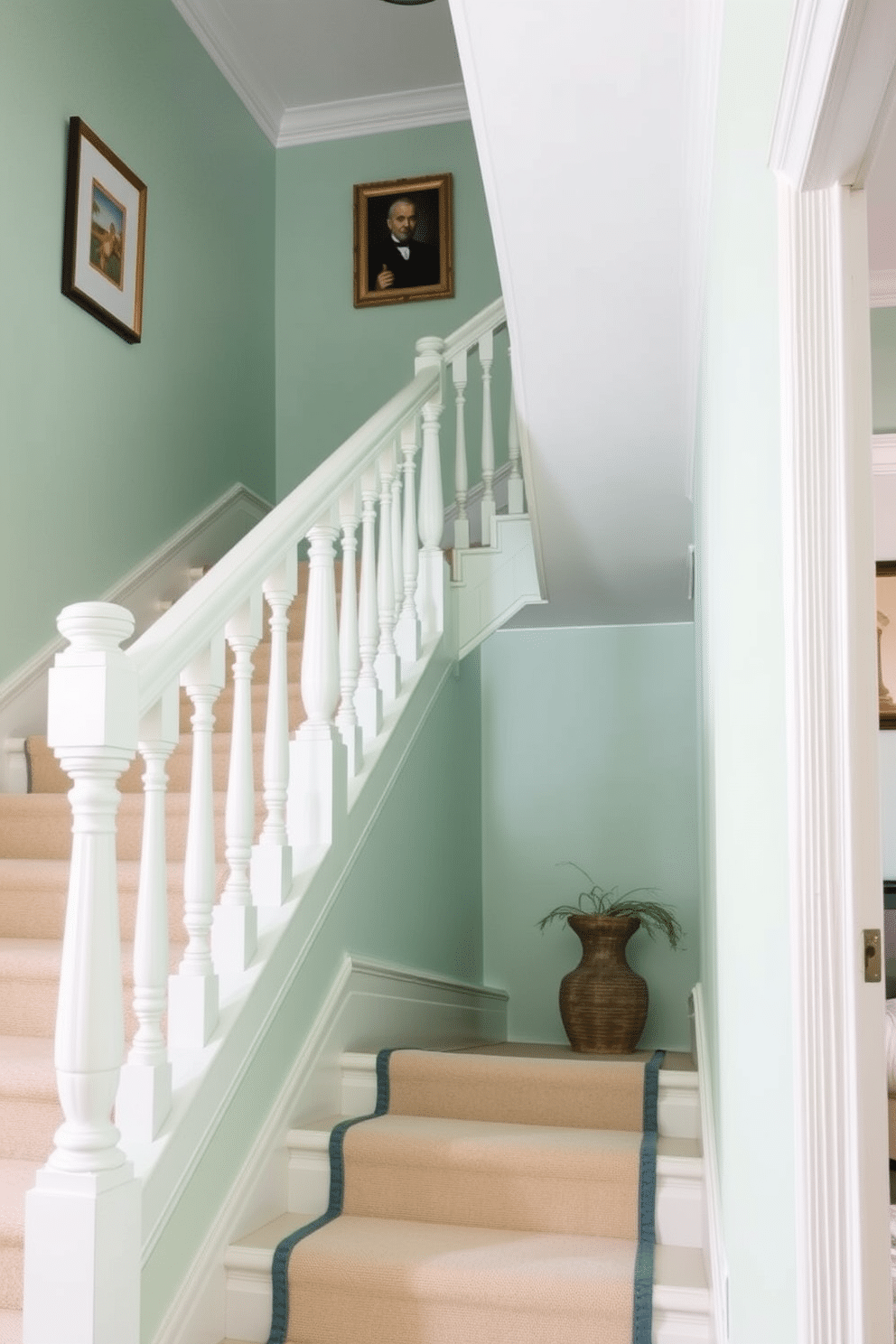 A light mint green staircase features elegant white railings that create a fresh and inviting atmosphere. The walls are adorned with subtle artwork, enhancing the overall aesthetic while maintaining a clean and modern look.