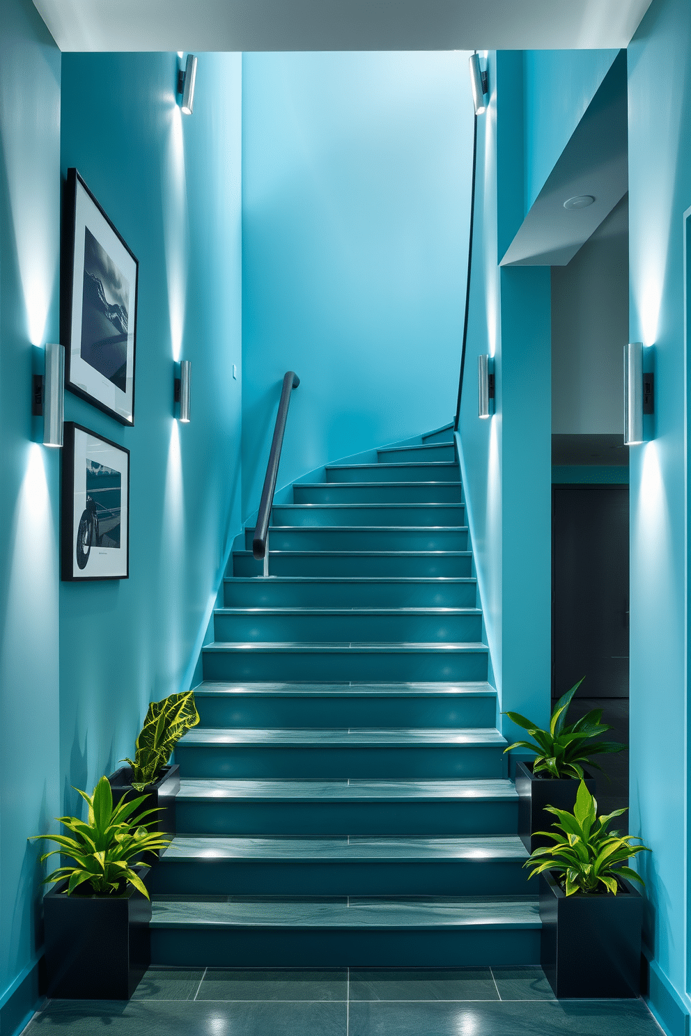 A stunning teal staircase features sleek, modern lighting fixtures that illuminate each step, creating a striking focal point in the entryway. The walls surrounding the staircase are adorned with minimalist artwork, enhancing the contemporary aesthetic of the space. Incorporating various shades of green, the staircase design includes lush greenery in planters along the sides, adding a vibrant touch of nature. The combination of the teal and green creates a harmonious flow, inviting guests to explore further into the home.