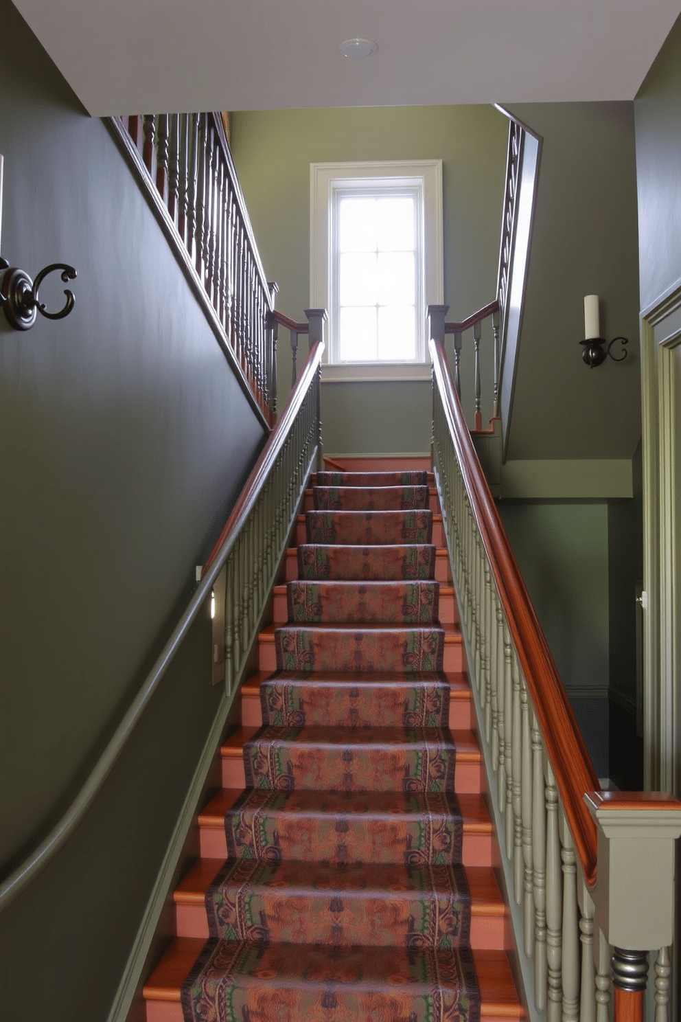 A charming staircase with muted green walls and vintage-inspired wooden railings. The steps are adorned with a patterned runner that adds warmth and texture to the space. Natural light filters through a large window at the landing, illuminating the intricate details of the staircase. Antique wall sconces flank the sides, enhancing the vintage ambiance and providing a soft glow.