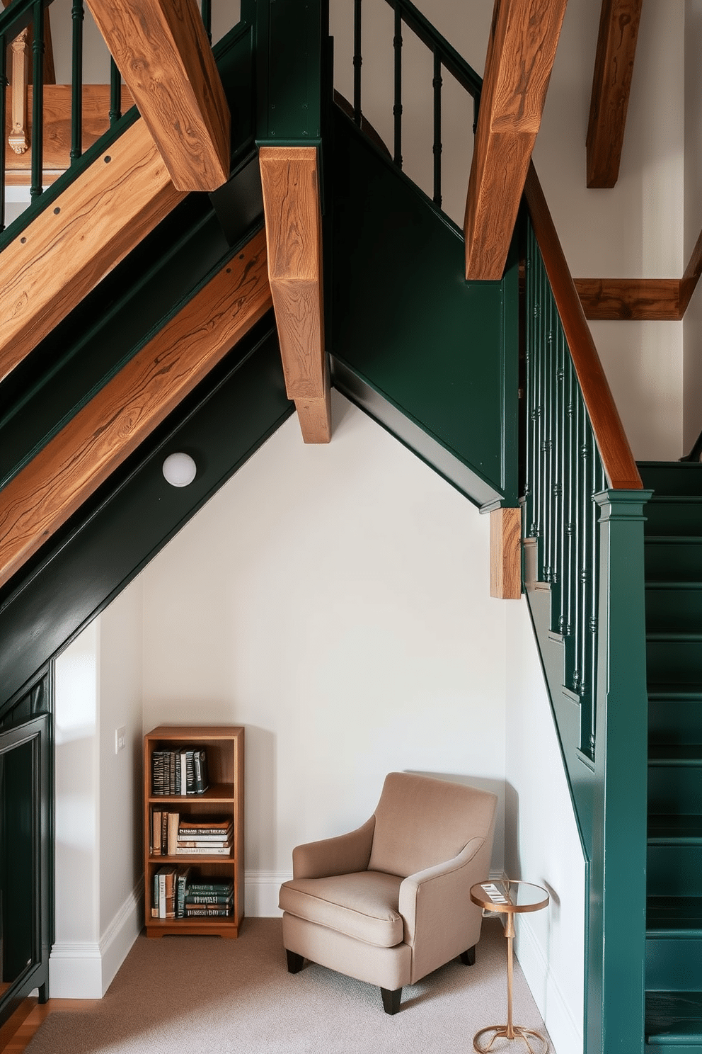 A deep green staircase with rustic wooden beams creates a striking focal point in the home. The rich color of the staircase complements the natural texture of the beams, enhancing the overall aesthetic of the space. Beneath the staircase, a cozy reading nook is nestled, featuring a plush armchair and a small bookshelf. Soft lighting illuminates the area, inviting relaxation and comfort.