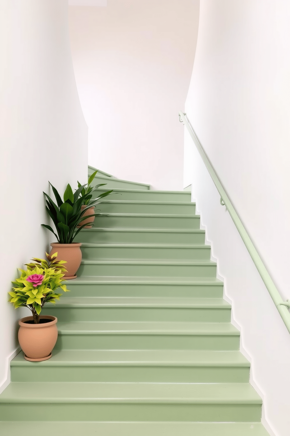 Soft green stairs lead elegantly upward, flanked by vibrant potted plants that add a touch of life and color. The staircase features a sleek railing, complementing the serene green tones of the steps and creating a harmonious transition between levels.