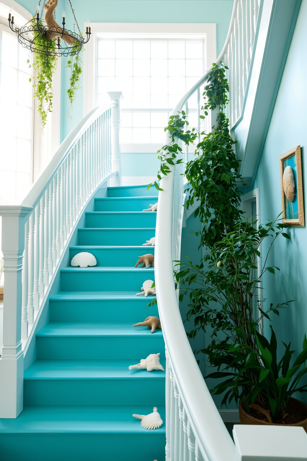 A stunning aquamarine staircase adorned with coastal decor invites a refreshing ambiance. The steps are complemented by white railings, while seashell accents and driftwood elements are strategically placed along the banister. Lush greenery cascades from a nearby potted plant, enhancing the coastal theme. Soft, natural light filters through a large window, illuminating the staircase and creating a serene atmosphere.