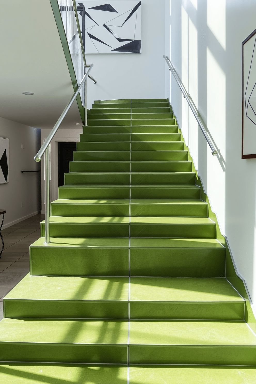 A stunning moss green staircase features a series of geometric patterns that create a dynamic visual effect. The steps are complemented by sleek metal railings, enhancing the modern aesthetic of the space. Natural light floods the area, highlighting the rich texture of the moss green finish. Surrounding walls are adorned with minimalist artwork that echoes the staircase's geometric theme.