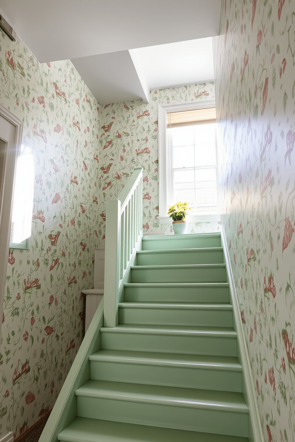 A charming staircase featuring pastel green steps that evoke a serene atmosphere. The walls are adorned with whimsical wallpaper showcasing playful patterns and soft colors that complement the staircase. The staircase is illuminated by natural light streaming through a nearby window, enhancing the pastel tones. A small potted plant is placed on the landing, adding a touch of greenery to the whimsical design.