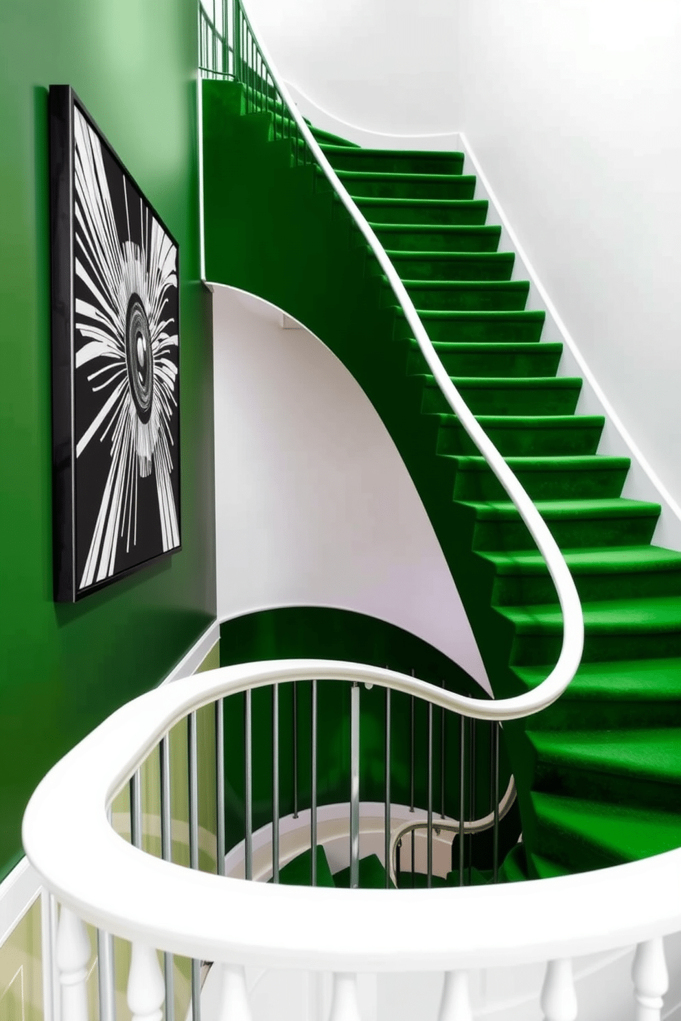 A rich green staircase elegantly curves upwards, adorned with a striking piece of contemporary art that commands attention. The walls are painted in a soft white, providing a stunning contrast that highlights the lush green hue of the staircase.