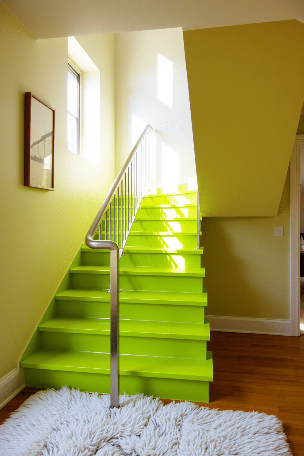 A stunning chartreuse staircase features a sleek metal railing that adds a modern touch to the vibrant color. The stairs are illuminated by natural light pouring in from a nearby window, creating a warm and inviting atmosphere. The walls adjacent to the staircase are adorned with minimalist artwork, enhancing the contemporary design. A plush area rug at the base of the stairs adds comfort and contrasts beautifully with the bold hue of the steps.