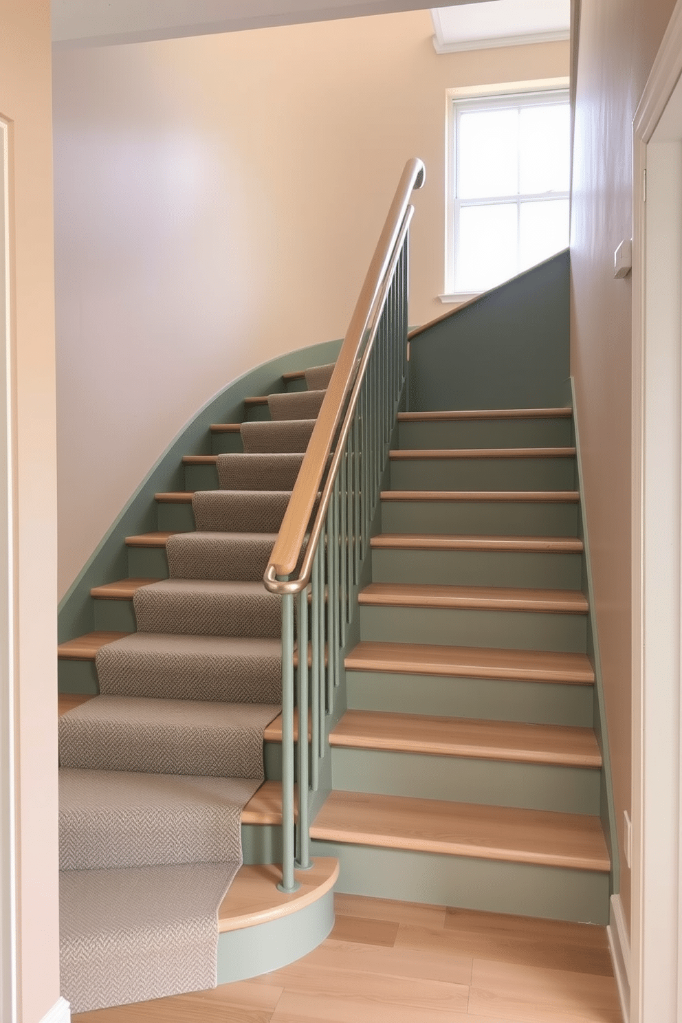 A subtle green staircase features soft, muted tones that blend harmoniously with the surrounding decor. The steps are crafted from light wood, while the handrail is a sleek metal finish, enhancing the modern aesthetic. The walls alongside the staircase are painted in a warm beige, creating a cozy contrast with the green. Natural light floods the space through a nearby window, highlighting the elegant curves of the staircase and the textured carpet runner that adds warmth underfoot.