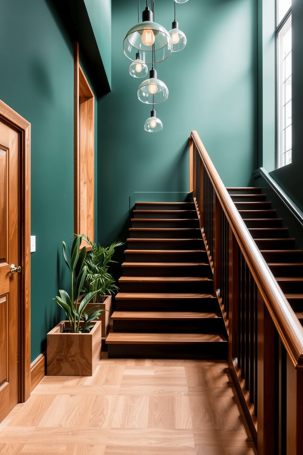 A stunning forest green staircase features rich wooden accents, creating a harmonious blend of nature and elegance. The staircase is illuminated by a series of pendant lights that highlight the intricate grain of the wood and the deep tones of the green walls. The wooden handrail complements the forest green paint, providing a warm contrast that invites you to ascend. Along the staircase, potted plants in natural wood planters add a touch of life and freshness to the space.