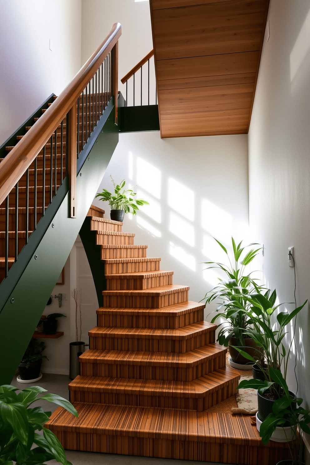 A stunning bamboo green staircase features eco-friendly materials, showcasing a sleek design that blends seamlessly with the surrounding space. The handrail is crafted from reclaimed wood, adding warmth and character to the modern aesthetic. Natural light floods the area, highlighting the unique textures of the bamboo steps and the sustainable finishes. Potted plants line the staircase, enhancing the connection to nature and promoting a serene atmosphere.