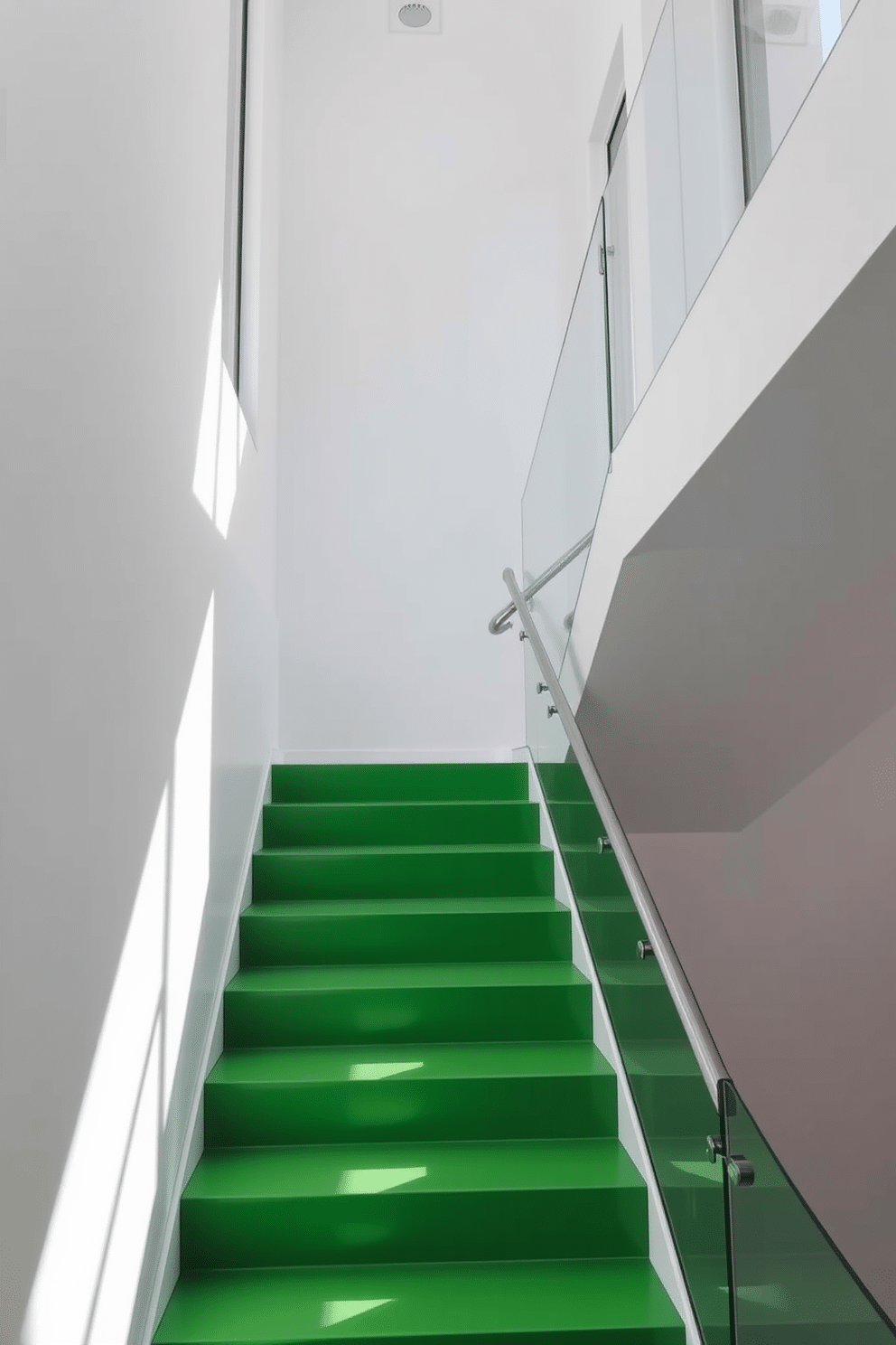 Crisp green stairs with a minimalist design lead seamlessly from one level to another. The staircase features sleek, angular lines and is flanked by glass railings that enhance the airy feel of the space. The walls are painted in a soft white, creating a striking contrast with the vibrant green steps. Natural light floods the area through large windows, illuminating the elegant simplicity of the design.