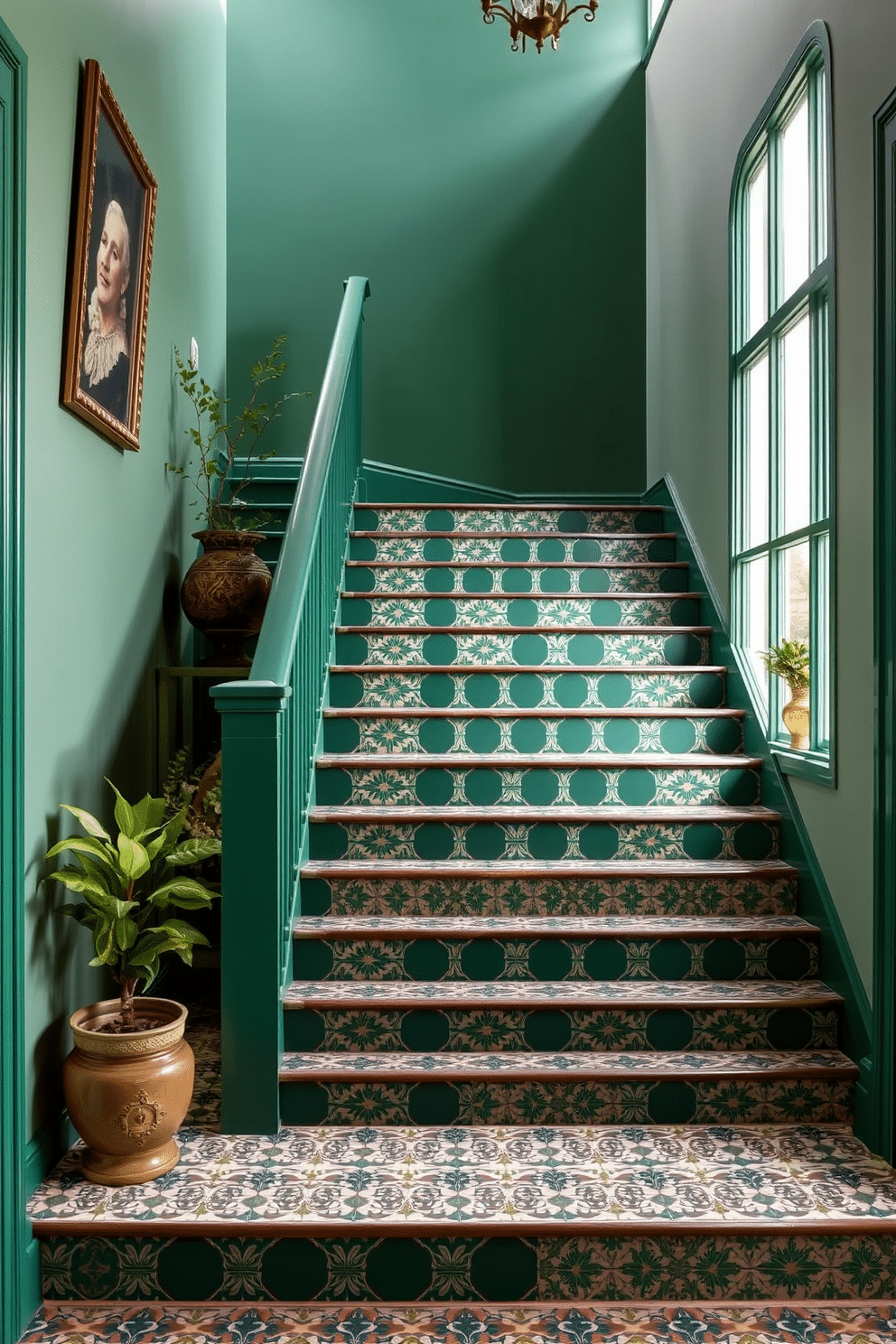 A striking hunter green staircase features vintage tiles that add a touch of elegance and character. The rich hue of the staircase contrasts beautifully with the intricate patterns of the tiles, creating a stunning visual focal point in the entryway. Soft, ambient lighting highlights the unique textures of the vintage tiles, enhancing their charm. Decorative elements, such as a sleek handrail and potted plants, complement the overall design and invite guests to explore further.