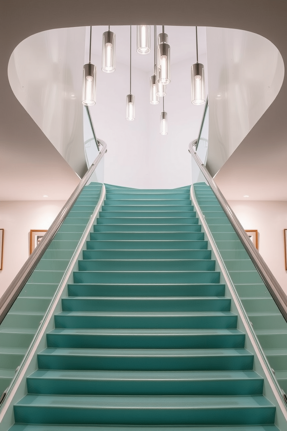 A stunning staircase features seafoam green steps that elegantly curve upwards, complemented by sleek, modern light fixtures hanging from the ceiling. The walls flanking the staircase are adorned with subtle artwork, enhancing the serene ambiance of the space.