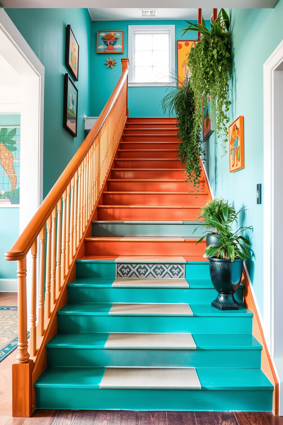 A bright jade staircase serves as a stunning focal point in the entryway, adorned with colorful accents that add vibrancy and personality. The staircase features a sleek railing in a contrasting finish, while playful artwork and decorative elements line the walls, enhancing the overall aesthetic. The steps are crafted from polished wood, showcasing the rich jade hue, and are complemented by a runner in a bold, geometric pattern. Potted plants and cascading greenery are positioned strategically along the staircase, bringing a touch of nature indoors and creating a lively atmosphere.