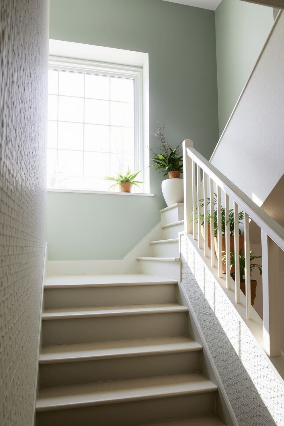 A serene staircase featuring muted sage-colored walls that create a calming atmosphere. The stairs are adorned with a textured wall treatment, adding depth and interest to the overall design. Natural light filters through a large window, illuminating the soft hues of the sage and enhancing the inviting feel of the space. Decorative elements such as a minimalist railing and potted plants complement the staircase, creating a cohesive look.