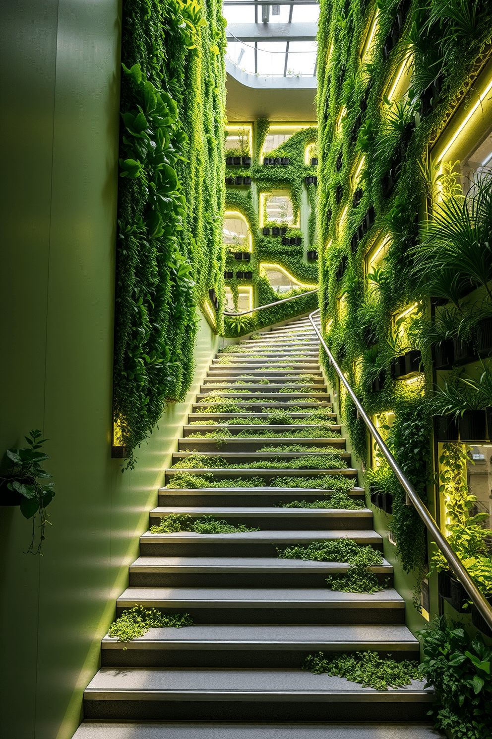 A stunning green staircase featuring lush greenery integrated into the design, with soft, ambient lighting illuminating each step. The walls are adorned with vertical planters, creating a seamless blend of nature and architecture, while a sleek handrail guides the way.