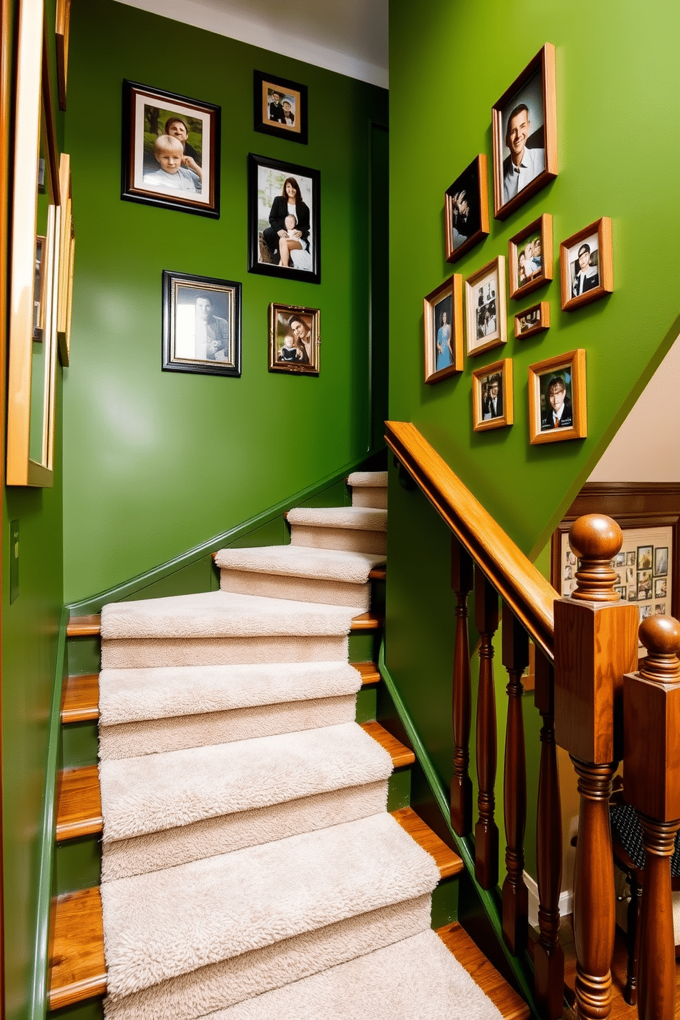 A warm green staircase adorned with an array of family photos creates a welcoming atmosphere. The staircase features a wooden handrail and soft, natural lighting that highlights the rich hues of the green walls. Framed family pictures in various sizes are arranged along the wall, adding a personal touch to the space. The steps are complemented by a plush runner that enhances comfort and style.