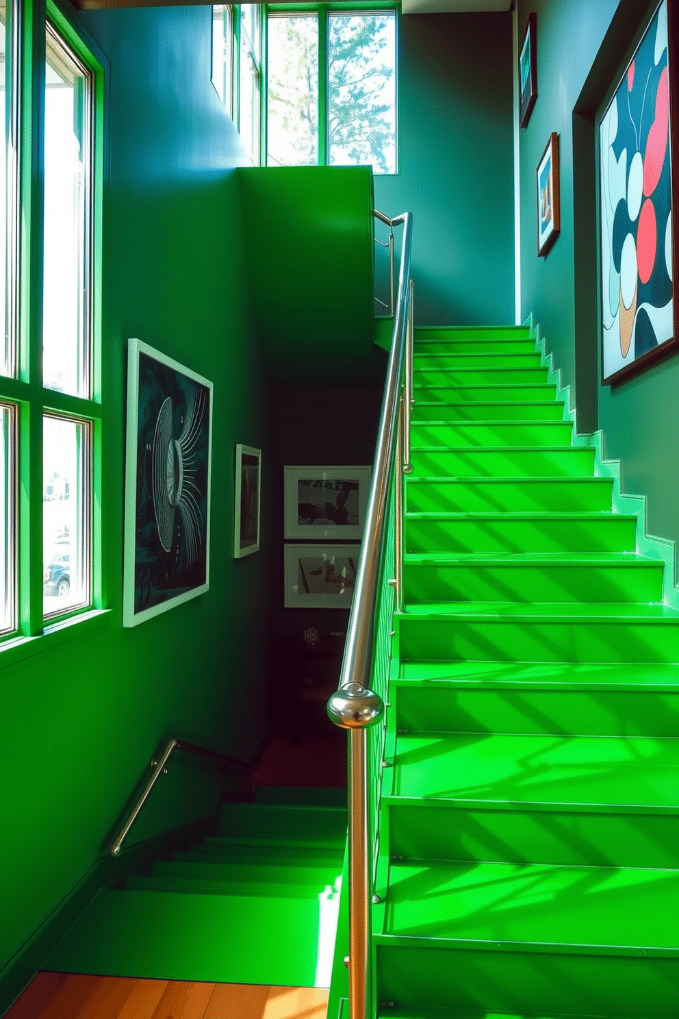 A vibrant green staircase features a sleek, minimalist design, with each step showcasing a rich, emerald hue that creates a striking visual impact. The walls alongside the staircase are adorned with contemporary art pieces, adding a dynamic contrast and enhancing the overall aesthetic of the space. The handrail is crafted from polished metal, providing a modern touch that complements the vivid green. Large windows allow natural light to flood the area, illuminating both the staircase and the art, creating an inviting and inspiring atmosphere.