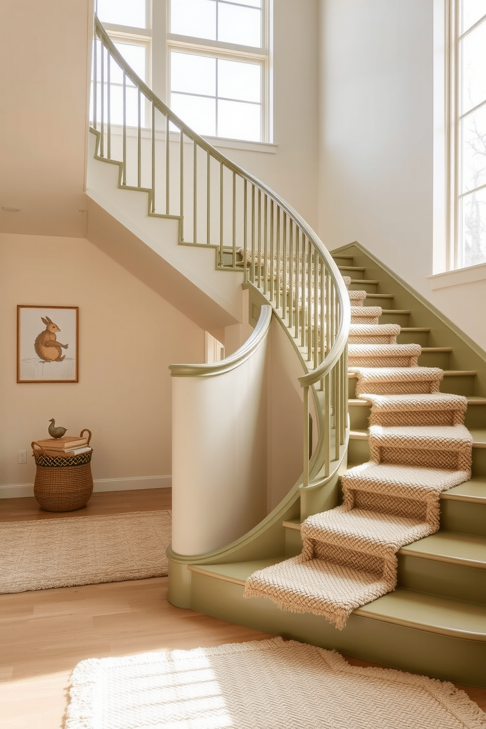 A soft olive staircase features a gentle curve, adorned with cozy, textured rugs that invite warmth and comfort. The walls are painted in a complementary light cream, enhancing the serene atmosphere while natural light filters through large windows above.