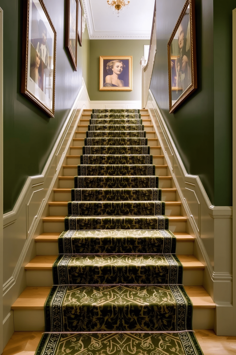 A stunning olive green staircase features a luxurious patterned runner that adds depth and texture to the space. The walls flanking the stairs are adorned with elegant artwork, creating a sophisticated atmosphere that complements the rich hue of the staircase.