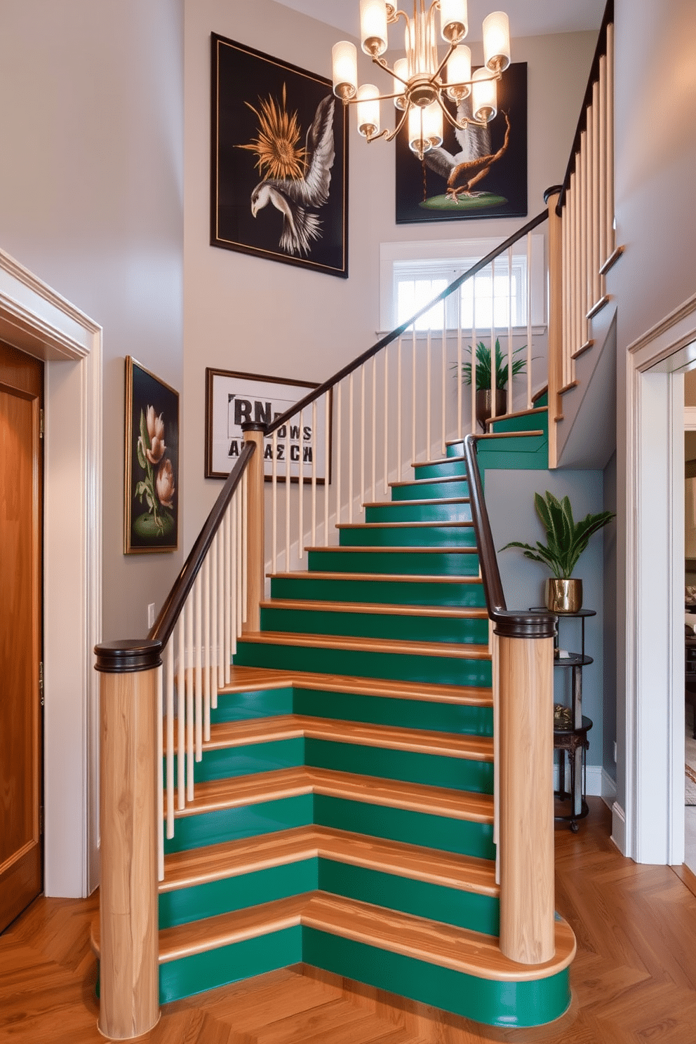 A striking staircase features emerald green painted risers that add a bold pop of color against the natural wood of the steps. The surrounding walls are adorned with elegant artwork, enhancing the sophisticated ambiance of the space. The staircase is illuminated by a modern chandelier that casts a warm glow, highlighting the rich hues of the green. Complementary decor elements, such as a sleek railing and potted plants, create a cohesive and inviting atmosphere.