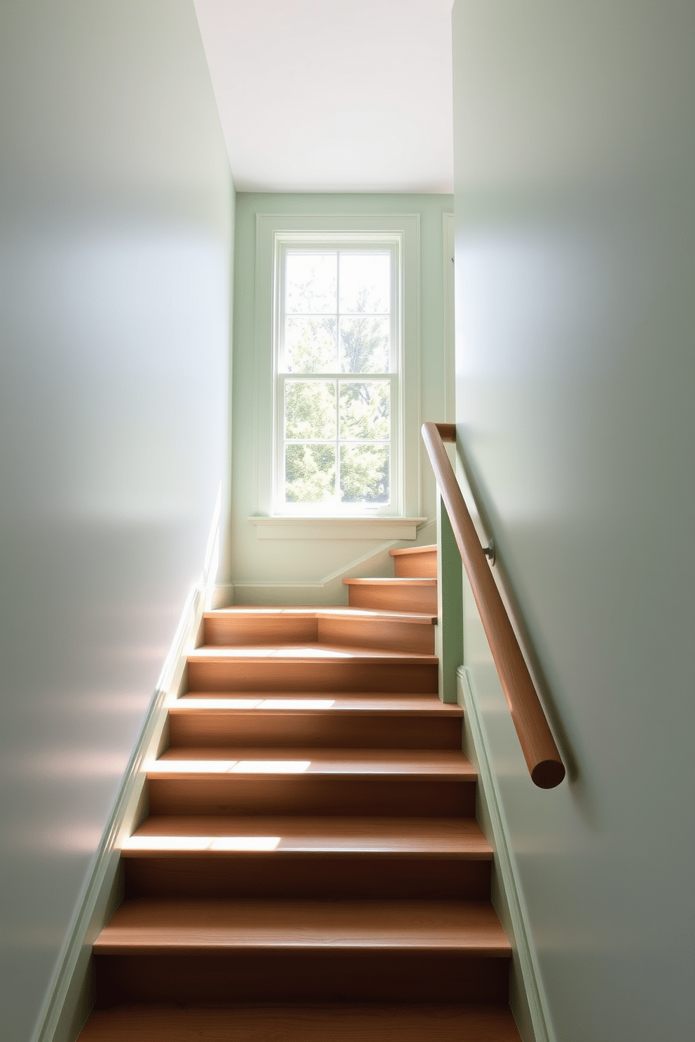 A serene staircase design featuring pale green walls that create a calming atmosphere. The natural wood treads add warmth and contrast, inviting you to ascend with ease. Sunlight filters through a large window, casting gentle shadows on the stairs. A simple, elegant handrail in a matching wood tone enhances the overall aesthetic while providing safety.