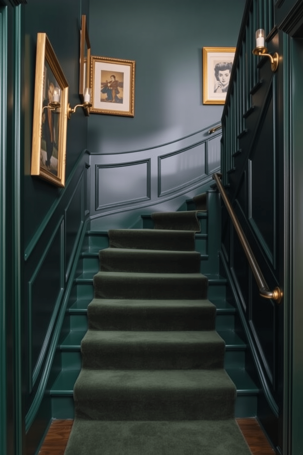 A dark green staircase features elegant gold fixtures that enhance its luxurious appeal. The walls are adorned with tasteful artwork, and a plush runner in a complementary hue adds warmth to the steps.