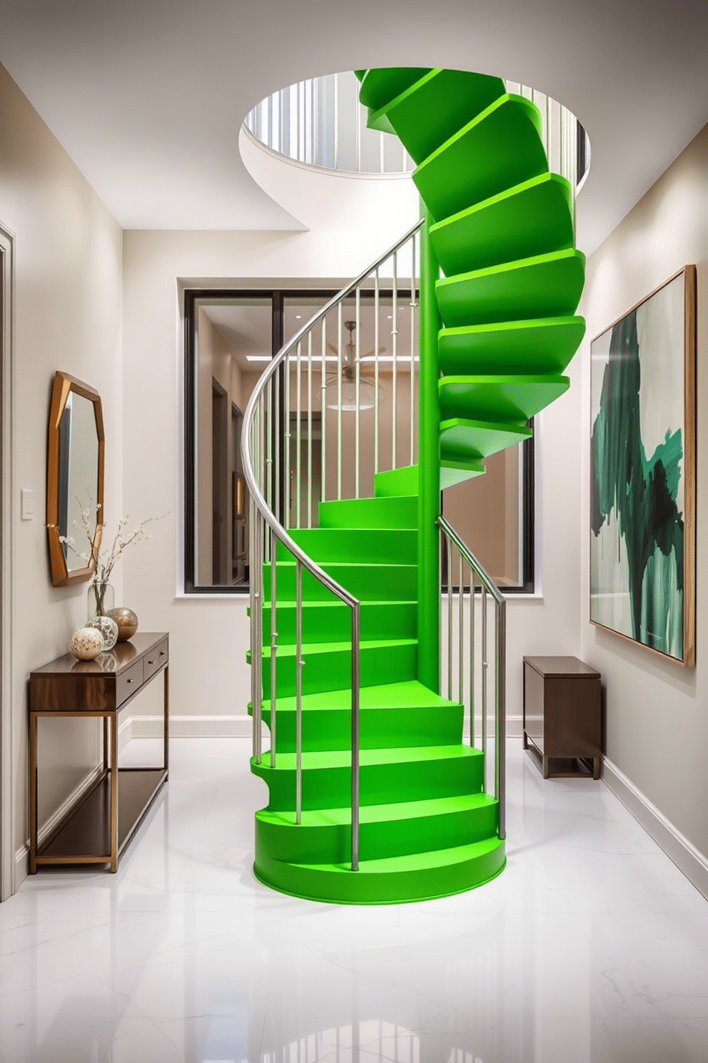 A bright green spiral staircase elegantly ascends from the foyer, creating a stunning focal point in the space. The staircase features a sleek metal railing that complements the vibrant hue, while soft lighting illuminates its curves, enhancing the overall ambiance of the entrance. Surrounding the staircase, the foyer is adorned with minimalist decor, including a tasteful console table and a large abstract art piece that echoes the green tones. The flooring is a polished white marble, providing a striking contrast to the vivid staircase and adding a touch of luxury to the design.