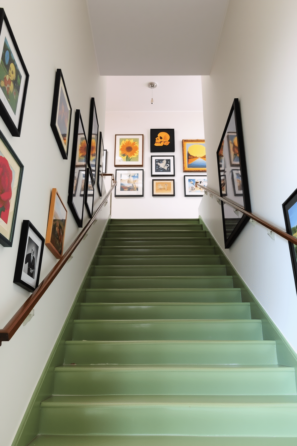 Sage green stairs ascend gracefully, flanked by a curated display of vibrant artwork that adds a pop of color to the serene backdrop. The walls are adorned with framed pieces, creating a gallery-like atmosphere that invites exploration and appreciation.