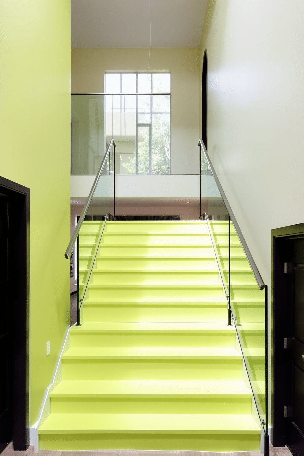 Lime green stairs lead up to the second floor, creating a vibrant focal point in the entryway. The sleek glass railing complements the modern aesthetic, allowing natural light to flow freely throughout the space.