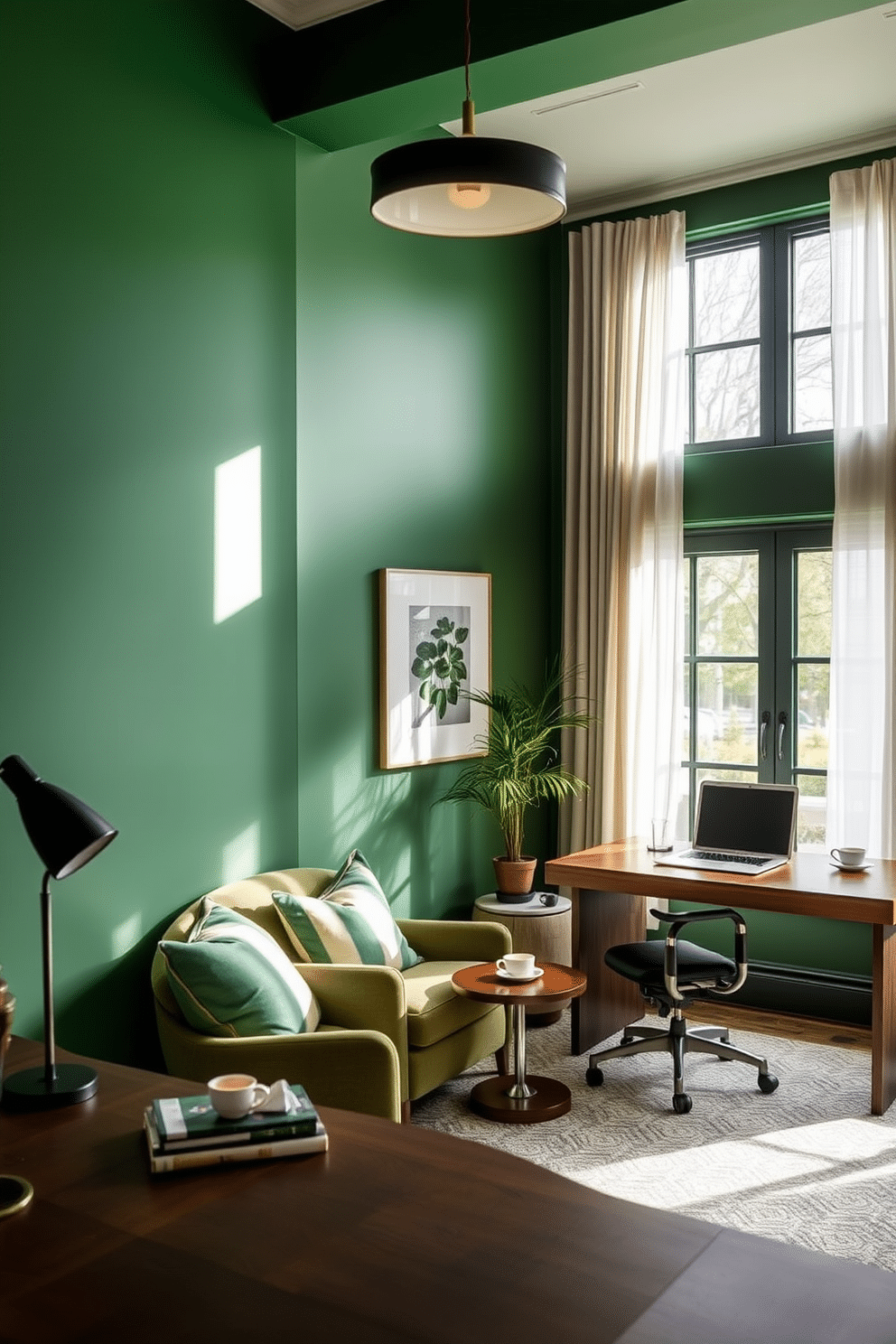 Cozy nook with green accent wall. A plush armchair is nestled in the corner, adorned with soft throw pillows, while a small side table holds a steaming cup of tea and a stack of books. Green study room design ideas. The walls are painted a rich emerald green, complemented by a sleek wooden desk and a comfortable ergonomic chair, with natural light streaming in through large windows adorned with light, sheer curtains.