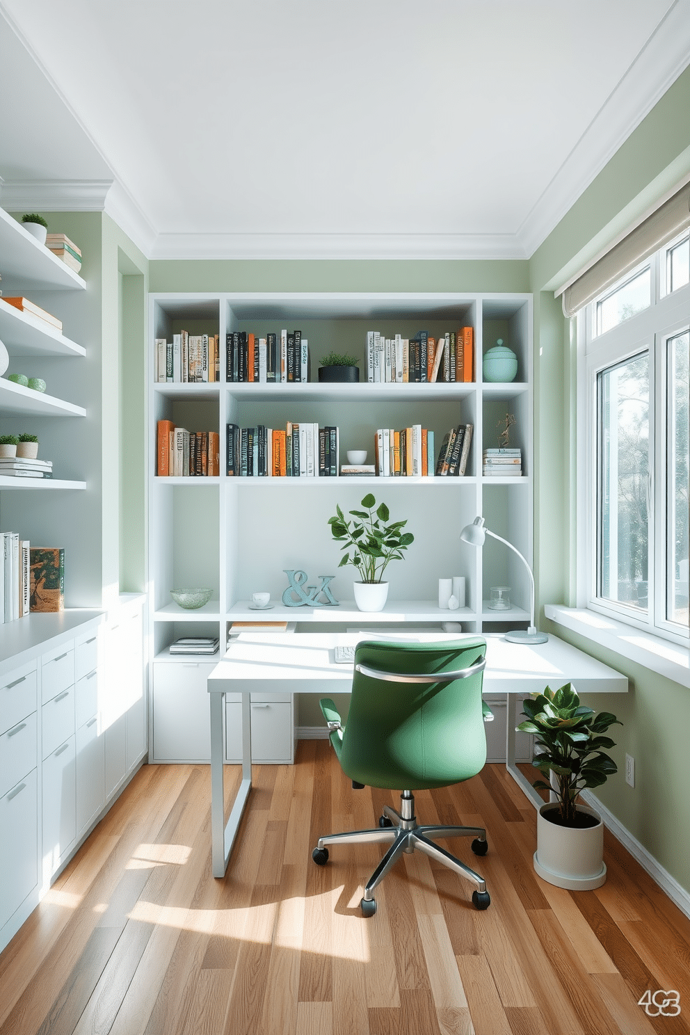 A serene study room featuring a green and white color scheme that promotes freshness and creativity. The walls are painted a soft green, complemented by white shelving filled with books and decorative items. A sleek white desk sits in front of a large window, allowing natural light to flood the space. A comfortable green chair with a modern design invites productivity, while a potted plant adds a touch of nature to the room.