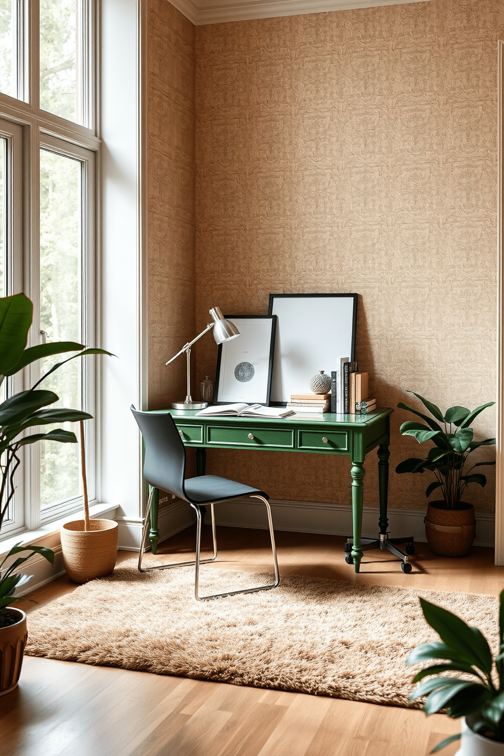 A vintage green desk sits elegantly in the center of the room, complemented by a sleek modern chair that adds a touch of contemporary flair. The walls are adorned with soft beige wallpaper, and a large window allows natural light to flood the space, highlighting the rich hues of the desk. On the desk, a stylish desk lamp provides focused lighting, while a collection of books and decorative items adds personality. A plush area rug in muted tones anchors the room, and potted plants in the corners bring a refreshing touch of nature to the study.