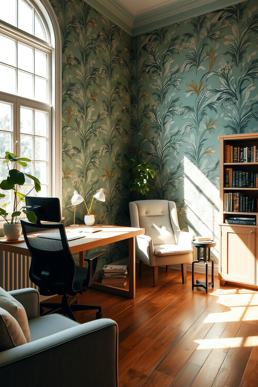 A serene study room featuring green wallpaper adorned with botanical prints that evoke a sense of tranquility. The room is furnished with a sleek wooden desk, a comfortable ergonomic chair, and a bookshelf filled with lush plants and curated books. Natural light floods the space through large windows, casting soft shadows on the warm wooden floor. A cozy reading nook with a plush armchair and a small side table provides the perfect spot for relaxation and inspiration.