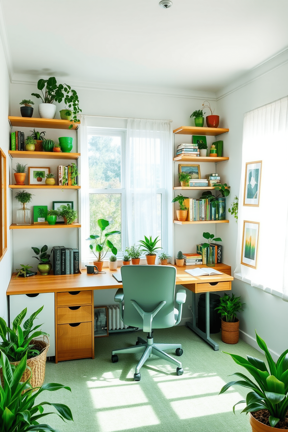 A bright and airy study room features open shelving filled with various green decorative items, including plants, books, and art pieces. The walls are painted in a soft white, creating a fresh backdrop that highlights the vibrant greenery and adds a touch of nature to the space. A large wooden desk sits in the center, complemented by a comfortable ergonomic chair. Natural light floods the room through a window adorned with sheer curtains, enhancing the inviting atmosphere for productivity and creativity.