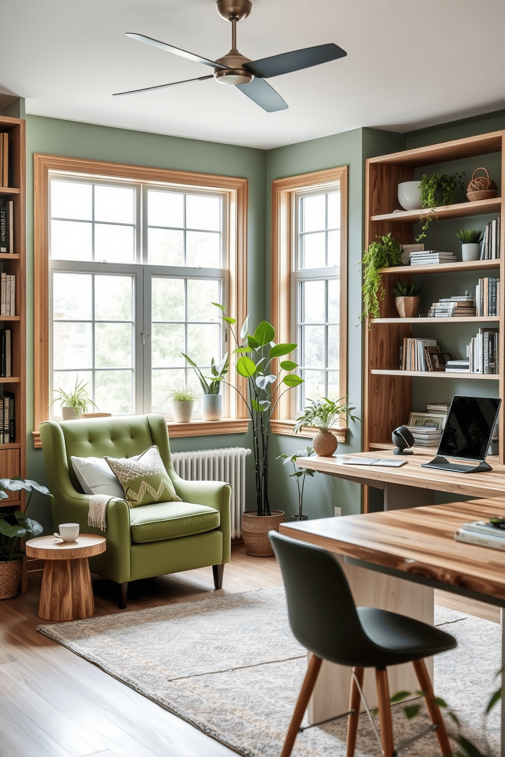 A cozy reading corner features a soft green armchair with plush cushions, inviting you to sink in with a good book. The surrounding walls are painted in a lighter shade of green, complemented by natural wood shelving filled with books and decorative items. The study room is designed with a harmonious blend of functionality and style, showcasing a sleek desk made of reclaimed wood. Large windows allow ample natural light to flood the space, highlighting the soft green accents in the decor and the lush indoor plants that bring the room to life.