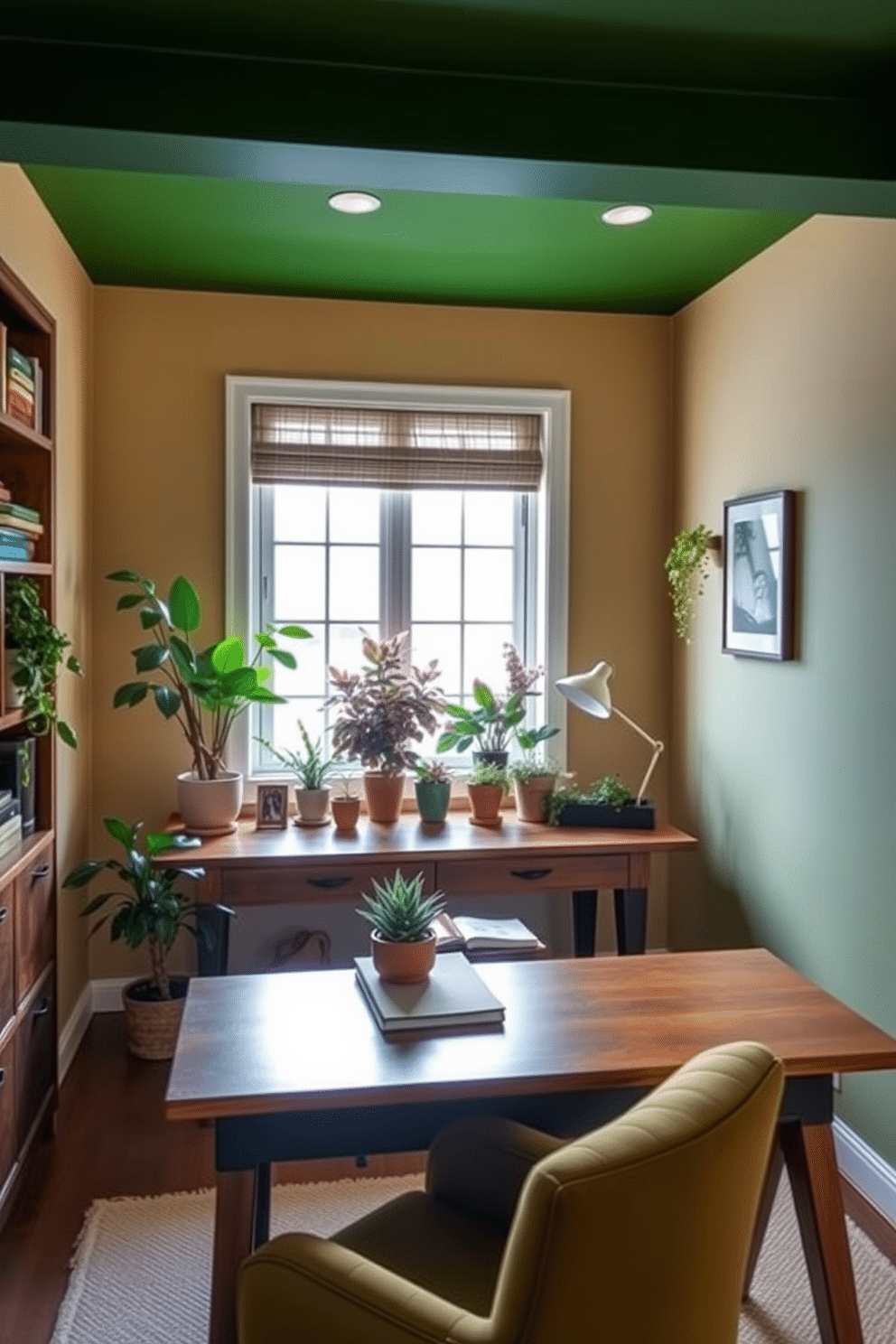 A cozy study room featuring earthy tones complemented by lush green elements. The walls are painted in a warm beige, while a deep green accent wall adds depth and vibrancy to the space. A large wooden desk sits in front of a window, adorned with potted plants that bring a touch of nature indoors. A comfortable, upholstered chair in a rich olive green invites long hours of reading and studying.