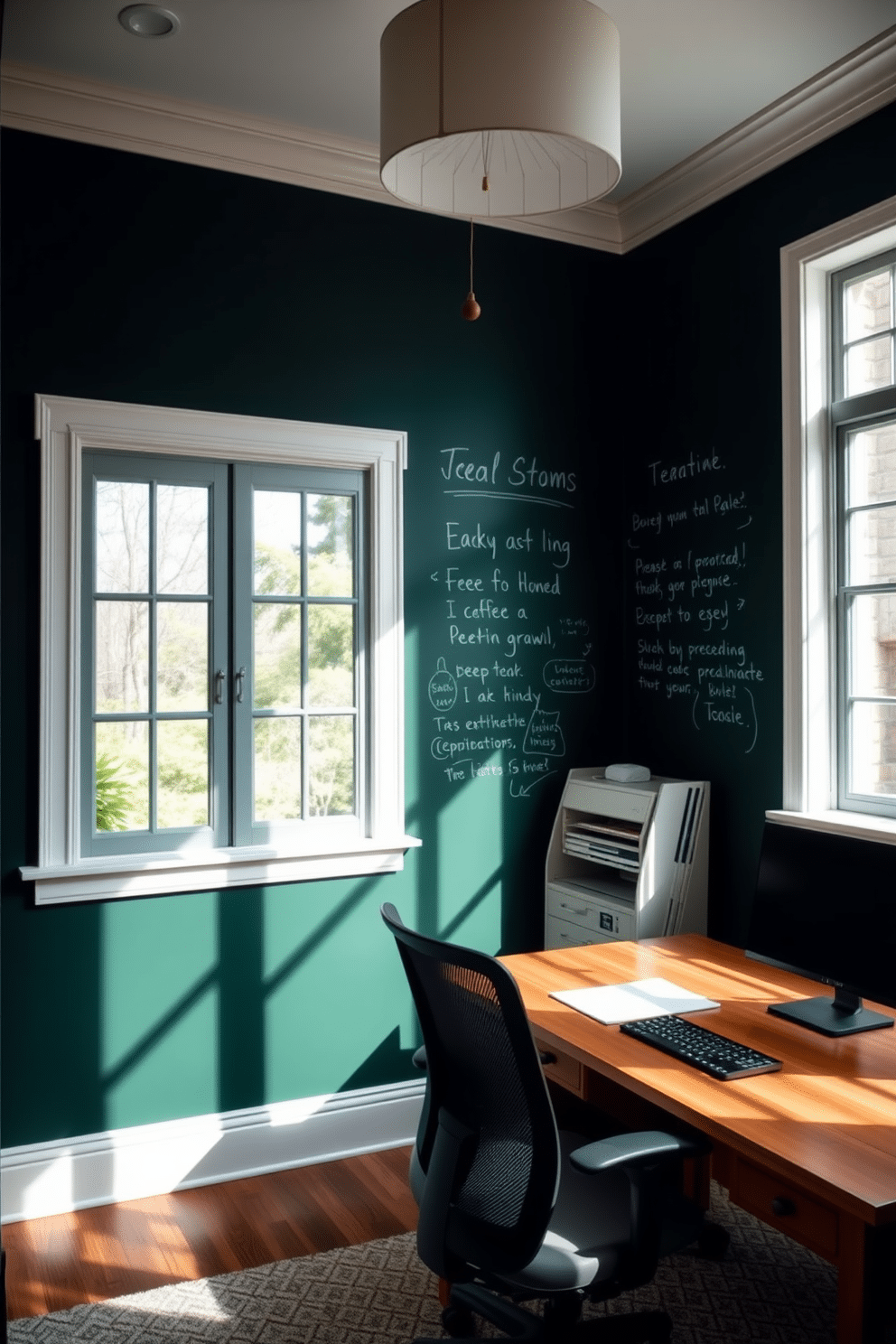 A cozy study room featuring a chalkboard wall painted in deep green, providing a creative space for notes and ideas. The room is filled with natural light from a large window, complemented by a wooden desk and a comfortable ergonomic chair.