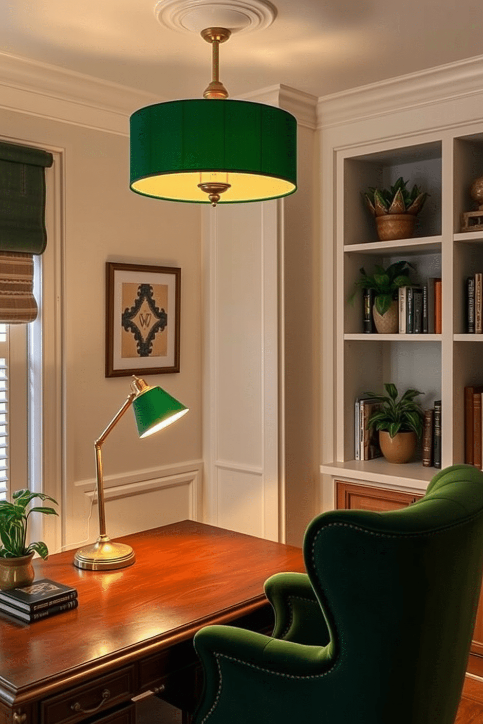 A serene study room featuring layered lighting with elegant green lampshades. The walls are painted in a soft cream, complemented by a rich mahogany desk and a plush, deep green armchair. On the desk, a stylish brass desk lamp casts a warm glow, while ambient lighting from a ceiling fixture enhances the cozy atmosphere. Shelves lined with books and decorative plants add character, creating an inviting space for creativity and focus.