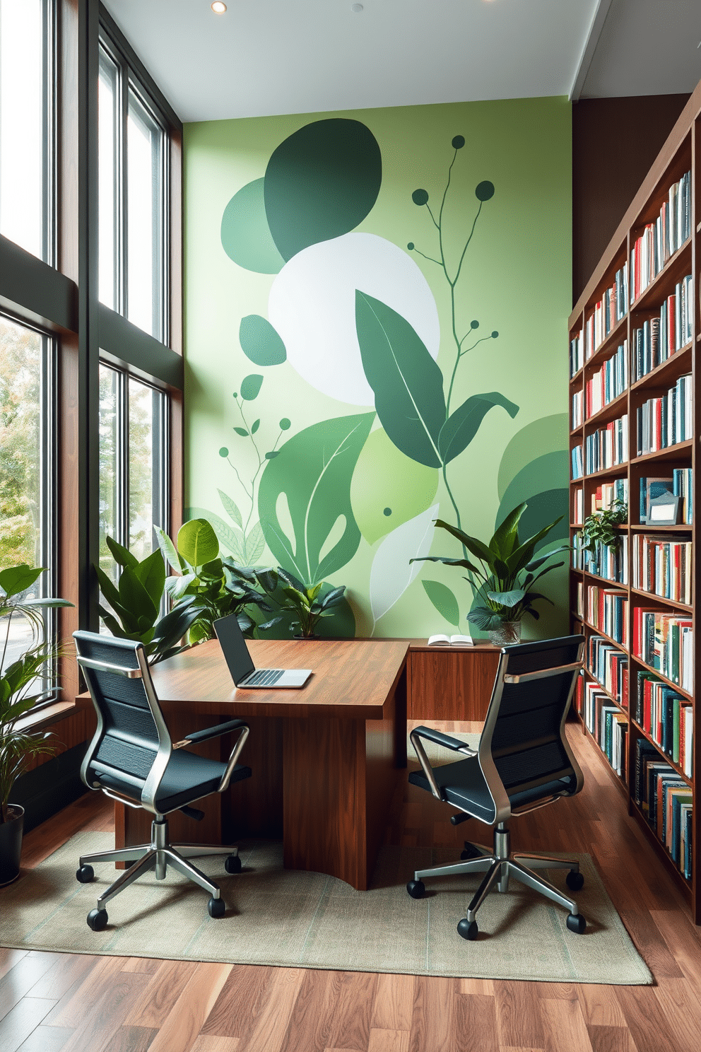 Artistic green mural featuring abstract shapes and nature-inspired elements, creating a vibrant focal point for the room. The mural is complemented by a sleek wooden desk, surrounded by stylish ergonomic chairs and warm ambient lighting. The study room is designed with floor-to-ceiling bookshelves filled with colorful books, providing a cozy and intellectual atmosphere. Large windows allow natural light to flood the space, highlighting the lush green plants placed strategically around the room.