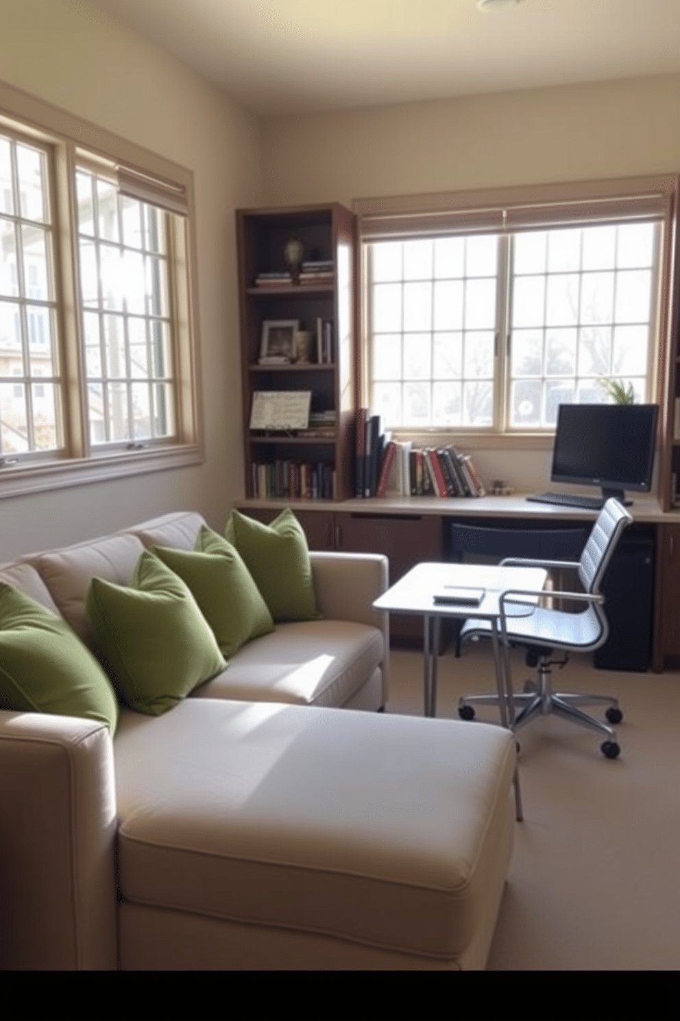 A cozy study room featuring a neutral-colored sofa adorned with vibrant green throw pillows. The space is illuminated by natural light streaming through large windows, creating an inviting atmosphere. The walls are painted in a soft beige, complemented by wooden shelves filled with books and decorative items. A sleek, modern desk sits in the corner, paired with a comfortable chair that enhances the room's functionality and style.