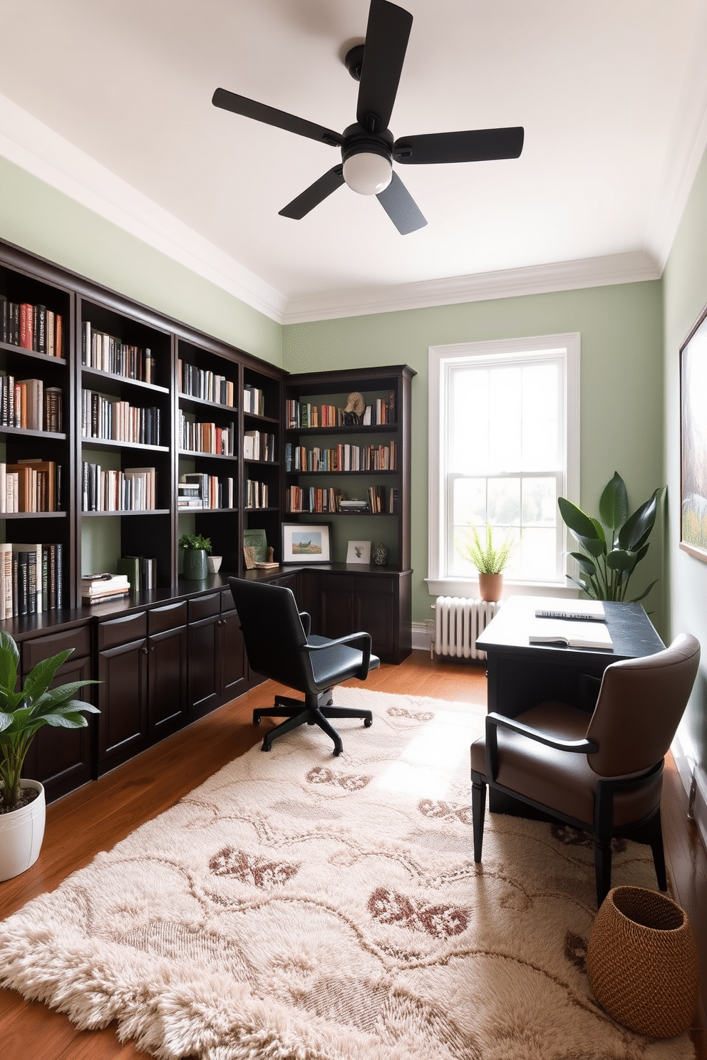 A serene study room featuring light green walls that create a calming atmosphere. The space is furnished with dark wood bookshelves filled with books, complemented by a sleek dark desk and a comfortable leather chair. Natural light streams in through a large window, enhancing the inviting ambiance. A plush area rug in neutral tones adds warmth, while decorative plants bring a touch of nature to the room.