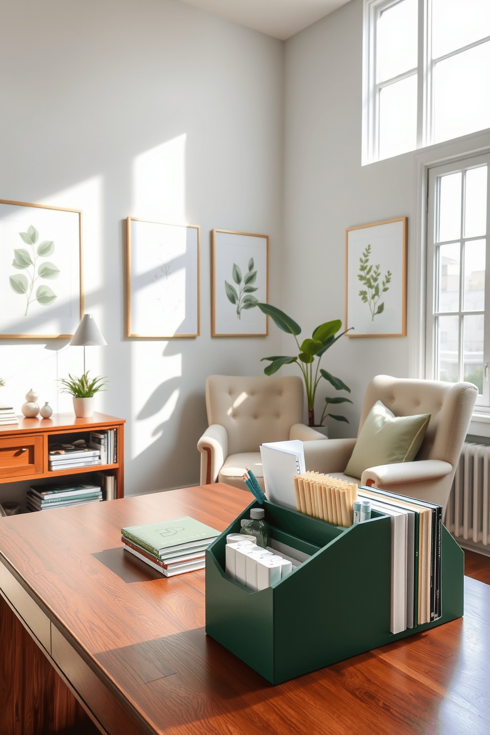 A serene study area features a sleek green desk organizer, neatly arranged with stationery and books. The walls are adorned with calming botanical prints, and a plush armchair sits invitingly in the corner. Natural light floods the room through large windows, highlighting the rich wooden desk and soft green accents throughout. A potted plant adds a touch of freshness, creating an inspiring and tranquil workspace.