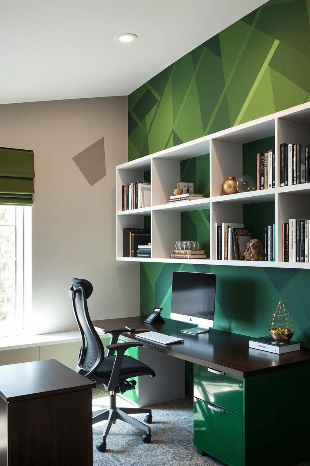 Accent wall with green geometric patterns. The wall features a bold, modern design that adds depth and character to the space, complemented by sleek white shelving units filled with books and decorative items. Green study room design ideas. The room is furnished with a large, dark wood desk and a comfortable ergonomic chair, creating an inviting workspace illuminated by natural light from a nearby window.