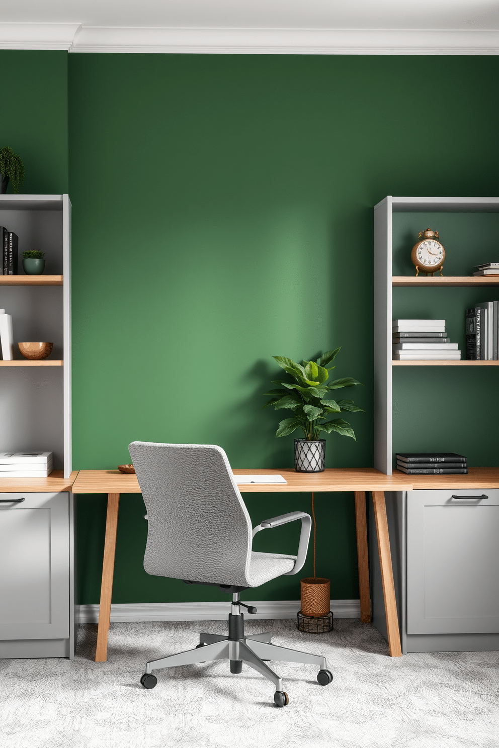 A serene study room featuring a green and gray color palette that promotes calmness. The walls are painted in a soft gray, while the accent wall showcases a rich forest green, creating a balanced and inviting atmosphere. In the center, a sleek wooden desk with a minimalist design is paired with a comfortable ergonomic chair upholstered in gray fabric. Shelves filled with books and decorative items line the walls, complemented by a lush potted plant in the corner for a touch of nature.