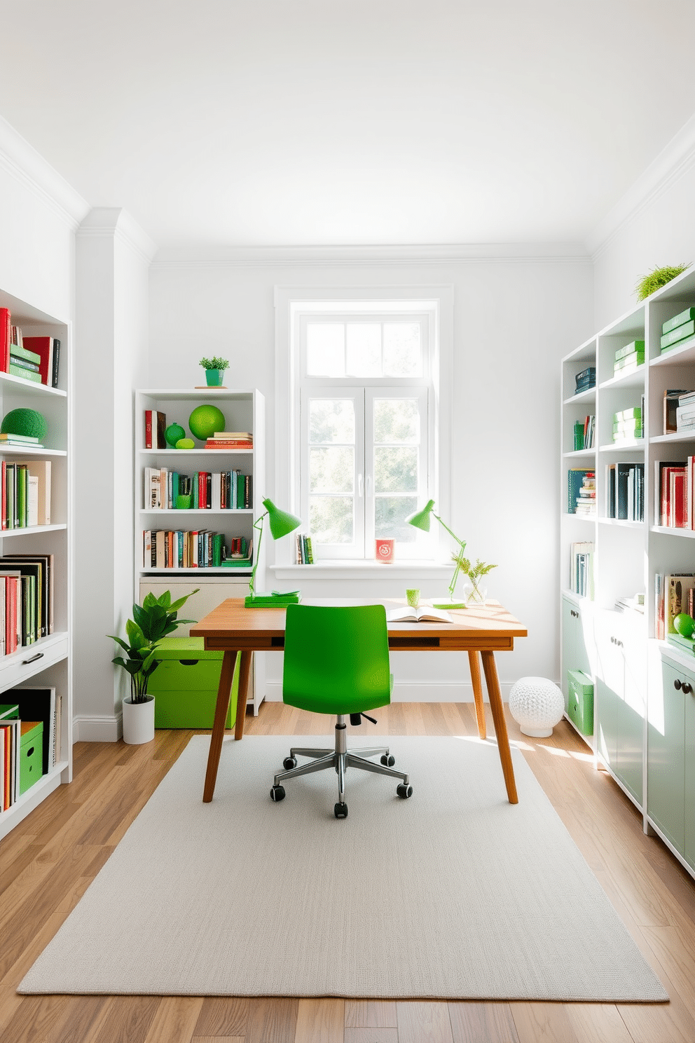 A bright study room filled with natural light. The walls are painted a soft white, and a sleek wooden desk sits in the center, adorned with bright green accessories like a desk lamp and notebooks. A comfortable chair in a vibrant green hue complements the desk. Shelves filled with books and green decorative items line the walls, creating an inspiring and lively atmosphere.